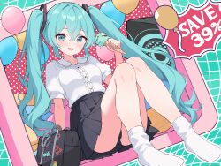  absurdres aqua_eyes aqua_hair aqua_nails bag balloon black_skirt blush center_frills commentary_request crossed_bangs female food frills hair_between_eyes hatsune_miku highres holding holding_food holding_ice_cream ice_cream knees_up long_hair looking_at_viewer miniskirt mushpz no_shoes open_mouth pleated_skirt school_bag shirt short_sleeves skirt smile socks solo twintails very_long_hair vocaloid white_shirt white_socks 