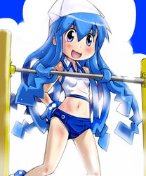  blue_eyes blue_hair buruma buruma_aside clothing_aside commentary_request female gym_uniform hat horizontal_bar ikamusume living_hair long_hair midriff panties panties_under_buruma panty_peek prehensile_hair shinryaku!_ikamusume t2 tentacle_hair underwear white_panties 