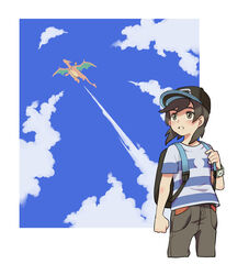  1boy bag baseball_cap black_eyes black_hair black_pants blue_sky blush charizard cloud commentary_request day elio_(pokemon) flame-tipped_tail hat highres maga_(comicfans100) male_focus outside_border pants pokemon pokemon_(creature) pokemon_sm shirt simple_background sky striped_clothes striped_shirt teeth white_background z-ring 