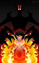  2017 aku ashi_(samurai_jack) black_hair closed_eyes dragonfoxgirl female fire highres nude samurai_jack short_hair solo spoilers 