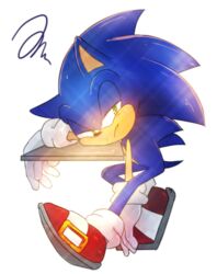  annoyed anthro baitong9194 biped black_nose clothing desk eulipotyphlan footwear furniture gloves green_eyes handwear hedgehog male mammal sega simple_background sitting solo sonic_the_hedgehog sonic_the_hedgehog_(series) table 