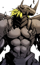  abs ambiguous_gender anthro armor bandai_namco biped blackwargreymon clothed clothing digimon digimon_(species) dragon hair headgear helmet horn lan_rizardon monochrome muscular muscular_ambiguous muscular_anthro mythological_creature mythological_scalie mythology pecs scalie simple_background solo standing topless torn_clothing white_background yellow_eyes 