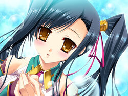  black_hair blush female game_cg hikage_eiji kan&#039;u kanu koihime_musou long_hair necktie yellow_eyes 