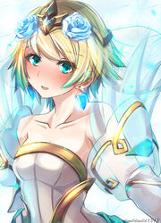  aqua_eyes aqua_hair bare_shoulders blonde_hair blush bride bride_(fire_emblem) clear_glass_(mildmild1311) collarbone commentary_request crown dress earrings female fire_emblem fire_emblem_heroes fjorm_(bridal)_(fire_emblem) fjorm_(fire_emblem) flower gold_trim gradient_hair hair_flower hair_ornament highres jewelry multicolored_hair open_mouth short_hair smile solo twitter_username upper_body wedding_dress white_veil 