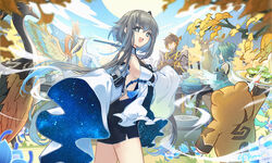  1boy 3girls :d armor bare_shoulders bird black_hair breasts cat_princess chinese_clothes cloud_retainer_(genshin_impact) crane_(animal) dress food genshin_impact glaze_lily grey_hair guizhong_(genshin_impact) guoba_(genshin_impact) holding holding_plate leaf looking_at_viewer madame_ping_(genshin_impact) medium_breasts moon_carver_(genshin_impact) mountain mountain_shaper_(genshin_impact) multiple_girls plate sea_gazer_(genshin_impact) short_hair_with_long_locks shoulder_armor sideboob sleeves_past_fingers sleeves_past_wrists smile table tree white_dress withered xianyun_(genshin_impact) zhongli_(genshin_impact) 