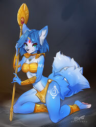  2020 3:4 accessory anklet anthro armor barefoot big_tail biped black_eyebrows black_nose blue_body blue_fur blue_hair blue_tail bottomwear bra breasts canid canine clothed clothing digital_media_(artwork) dragonfu eyebrows eyelashes feet female fingers fluffy fluffy_tail fox front_view full-length_portrait fur furgonomics gold_(metal) gold_jewelry green_eyes hair holding_object inner_ear_fluff jewelry kneeling krystal&#039;s_staff krystal_(star_fox) loincloth long_hair long_tail looking_at_viewer mammal multicolored_body multicolored_fur necklace nintendo pawpads pendant pink_pawpads portrait pose ring shoulder_pads signature simple_background small_breasts smile solo staff star_fox tail tail_accessory tail_jewelry tail_ring toes tuft two_tone_body two_tone_fur underwear vambrace white_body white_fur yellow_bottomwear yellow_bra yellow_clothing yellow_loincloth yellow_underwear 