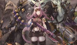  2boys animal_ears armor artist_name bandolier bayonet boots breasts cat_ears cat_tail cowboy_shot dog_mask duel_monster feathered_wings female full_armor gloves goggles goggles_on_head gun helmet holding holding_gun holding_weapon ku-ba long_hair mask midriff multiple_boys navel pink_hair skirt slit_pupils suspender_skirt suspenders tail thigh_boots thighhighs tri-brigade_ferrijit_the_barren_blossom tri-brigade_rugal_the_silver_sheller tri-brigade_shuraig_the_ominous_omen weapon white_hair wings yu-gi-oh! 