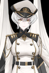  azur_lane belt black_cape buttons cape closed_mouth commentary_request cropped dishwasher1910 double-breasted epaulettes female female_commander_(azur_lane) hat high_collar highres jacket military military_hat military_uniform mole mole_under_eye pale_skin short_hair smile solo uniform upper_body white_hair white_jacket yellow_eyes 