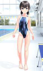  absurdres ass_visible_through_thighs barefoot bench black_hair black_one-piece_swimsuit breasts clothes_writing commentary_request competition_swimsuit female female_child full_body green_eyes highres indoors looking_at_viewer low_twintails multicolored_clothes multicolored_swimsuit one-piece_swimsuit original pool short_hair small_breasts solo standing string_of_flags swimsuit takafumi tan tanlines twintails 