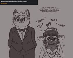  5:4 ahoge animal_noises anthro anthro_on_anthro big_breasts big_eyes blah_blah_blah blush bodily_fluids bow_(feature) bow_in_front bow_tie breasts bride bride_and_groom buckteeth cleavage clothed clothing crying crying_sound_effect different_sound_effects domestic_cat dress duo english_text eyewear felid feline felis female floral flower flower_crown flower_garland formal_wear garland glasses groom gwen_geek gwen_martin hair heart_symbol hi_res joaoppereiraus looking_at_viewer male male/female mammal monochrome mouse murid murine onomatopoeia plant rodent smile sound_effects squeaking suit tears tears_of_joy teeth text toshio_nakamura watery_eyes wavy_mouth wavy_smile wedding wedding_dress wedding_veil whiskers wide_hips 