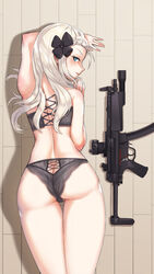  ass back black_bra black_panties blonde_hair blue_eyes blush bra braid closed_mouth female floor french_braid girls&#039;_frontline gun h&amp;k_mp5 hair_ornament hands_on_floor highres jamgom jewelry lips long_hair looking_at_viewer looking_back lying mp5_(girls&#039;_frontline) on_floor on_stomach panties ring simple_background smile solo submachine_gun underwear weapon 