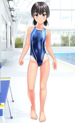  absurdres ass_visible_through_thighs barefoot bench black_hair blue_one-piece_swimsuit breasts clothes_writing commentary_request competition_swimsuit female female_child full_body green_eyes highres indoors looking_at_viewer low_twintails multicolored_clothes multicolored_swimsuit one-piece_swimsuit original pool short_hair small_breasts solo standing string_of_flags swimsuit takafumi tan tanlines twintails 