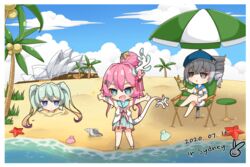  3girls :d :o australia beach beach_chair beach_umbrella beret blue_eyes blue_headwear bronya_zaychik bronya_zaychik_(valkyrie_chariot) chibi cinamon_(cinamori) closed_mouth coconut crossed_legs dress drill drinking_straw fruit_cup full_body grey_eyes grey_hair hair_between_eyes hair_ornament hat highres holding homu_(honkai_impact) honkai_(series) honkai_impact_3rd horns liliya_olenyeva long_hair looking_at_viewer multiple_girls ocean open_mouth outdoors outstretched_arms palm_tree pink_hair rozaliya_olenyeva sand seashell shadow shell siblings single_horn sitting sleeveless smile starfish summer summer_uniform sundress sydney_opera_house table tail tree twins twintails umbrella 