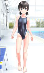  absurdres ass_visible_through_thighs barefoot bench black_hair black_one-piece_swimsuit breasts clothes_writing commentary_request competition_swimsuit female female_child full_body green_eyes highres indoors looking_at_viewer low_twintails one-piece_swimsuit original pool short_hair small_breasts solo standing string_of_flags swimsuit takafumi twintails 