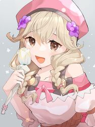  :d alternate_costume blonde_hair bow braid brown_eyes dress faye_(fire_emblem) faye_(valentine)_(fire_emblem) female fire_emblem fire_emblem_echoes:_shadows_of_valentia fire_emblem_heroes flower hair_flower hair_ornament hat highres holding holding_flower long_hair looking_at_viewer official_alternate_costume open_mouth pink_bow pink_hat ribbon sakura_no_yoru smile solo twin_braids upper_body 