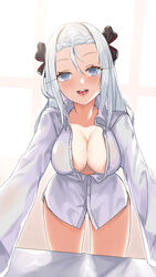  aged_up blue_eyes blush braid breasts cleavage female french_braid girls&#039;_frontline highres jamgom lips long_hair looking_at_viewer medium_breasts mp5_(girls&#039;_frontline) open_clothes open_mouth open_shirt shirt smile solo standing white_hair white_shirt window 