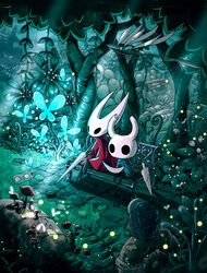  1other bench blue_butterfly bug butterfly cloak commentary egg female fireflies firefly flying glowing grass highres holding holding_map hollow_eyes hollow_knight hornet_(hollow_knight) knight_(hollow_knight) letter mamoru_mikokoro map md5_mismatch mushroom nail_(hollow_knight) nature needle_(hollow_knight) paper resolution_mismatch shell sitting source_larger sunlight sword tree weapon 