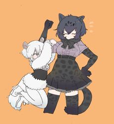  010mzam 2girls animal_ears anteater_ears anteater_tail arm_grab arm_hug black_bow black_bowtie black_corset black_fur black_gloves black_hair black_jaguar_(kemono_friends) black_legwear black_skirt bow bowtie center_frills closed_eyes corset cowboy_shot elbow_gloves frilled_skirt frills fur_collar fur_sleeves gloves hand_on_own_hip hanging hanging_on jaguar_ears jaguar_girl jaguar_print jaguar_tail kemono_friends long_sleeves multiple_girls pantyhose pleated_skirt print_gloves print_skirt print_thighhighs protected_link purple_shirt shirt shoes short_hair short_sleeves shorts skirt smile sneakers southern_tamandua_(kemono_friends) tail thighhighs white_fur white_hair white_legwear white_shirt zettai_ryouiki 