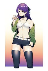  absurdres bandeau bare_shoulders belt belt_buckle black_bow black_choker black_shorts black_thighhighs border bow breasts bubble_tea buckle choker closed_mouth collarbone commentary_request cross cross_necklace dyun female gradient_background green_jacket hairbow highres holding idolmaster idolmaster_shiny_colors jacket jewelry latin_cross linea_alba lock long_hair looking_at_viewer medium_breasts navel necklace no_shirt off_shoulder open_clothes open_jacket outside_border padlock padlocked_choker padlocked_collar purple_eyes purple_hair ring short_shorts shorts solo standing stomach strapless tanaka_mamimi thighhighs thumb_in_pocket toned tube_top white_bandeau white_belt white_border white_tube_top 