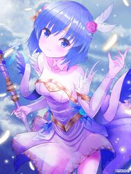  absurdres blue_eyes blue_flower blue_hair blue_rose breasts catria_(bridal)_(fire_emblem) catria_(fire_emblem) commentary dress falling_feathers feathers female fire_emblem fire_emblem:_shadow_dragon_and_the_blade_of_light fire_emblem_heroes flower gold_headband gold_trim hair_flower hair_ornament headband highres looking_at_viewer medium_breasts mikoko1 pink_flower pink_rose rose short_hair smile strapless strapless_dress wedding_dress 