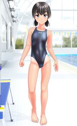  absurdres ass_visible_through_thighs barefoot bench black_hair black_one-piece_swimsuit breasts clothes_writing commentary_request competition_swimsuit female female_child full_body green_eyes highres indoors looking_at_viewer low_twintails one-piece_swimsuit original pool short_hair small_breasts solo standing string_of_flags swimsuit takafumi tan tanlines twintails 