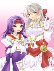  2girls alternate_costume bare_shoulders blue_scarf bow cowboy_shot detached_sleeves dress fire_emblem fire_emblem:_path_of_radiance fire_emblem:_radiant_dawn frills gau_fe gloves gradient_background hairbow half_updo headband highres long_hair long_sleeves looking_at_viewer micaiah_(bridal)_(fire_emblem) micaiah_(fire_emblem) multiple_girls oerba_yun_fang official_alternate_costume open_mouth pink_background purple_hair sanaki_kirsch_altina sanaki_kirsch_altina_(bridal) scarf smile turtleneck wedding_dress white_background white_dress white_gloves white_hair yellow_eyes 