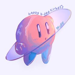  1:1 2024 alien ambiguous_gender blue_text blush character_name colored cool_colors digital_media_(artwork) digital_painting_(artwork) english_description english_text featureless_feet featureless_hands feet freddietrash front_view full-length_portrait glistening happy_birthday kirby kirby_(series) nintendo pink_body planet_rings portrait signature solo star text three-quarter_view waddling_head 