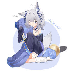  absurdres aged_down ahoge animal_ear_fluff animal_ears azur_lane blue_eyes blue_kimono blue_ribbon character_name closed_mouth female fox_ears fox_girl fox_tail full_body grey_hair hair_ribbon hands_up highres holding holding_pillow japanese_clothes kimono leg_warmers medium_hair one_eye_closed pillow ribbon shinano-chan_(azur_lane) simple_background sleeves_past_fingers sleeves_past_wrists solo squeans tail user_gayc3272 white_background 