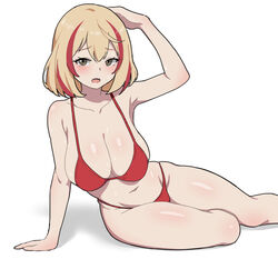  alternate_costume arm_support azur_lane bikini blonde_hair breasts brown_hair cleavage female foot_out_of_frame hand_on_own_head large_breasts medium_hair multicolored_hair navel parallelrey red_bikini red_hair roon_(azur_lane) simple_background sitting solo streaked_hair swimsuit white_background yokozuwari 