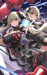  2girls absurdres azur_lane black_dress black_gloves black_scrunchie black_shirt black_skirt bow breasts cleavage dress dual_persona fingerless_gloves floating_hair formidable_(azur_lane) formidable_(muse)_(azur_lane) formidable_(the_lover&#039;s_heart_flutters_on_duty)_(azur_lane) gloves grey_hair hairbow highres large_breasts long_hair long_sleeves looking_at_viewer looking_back multiple_girls official_alternate_costume one_eye_closed pantyhose parted_lips red_bow red_eyes school_uniform scrunchie shirt single_glove skirt soar_sora222 twintails very_long_hair white_pantyhose wisdom_cube_(azur_lane) wrist_scrunchie 