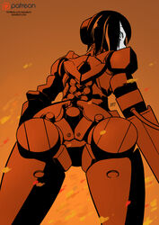  arm_cannon artist_name ass black_hair blame! bodysuit commentary cyberpunk cyborg english_commentary female fire from_behind from_below graviton_beam_emitter highres joints kukuruyo looking_at_viewer looking_back patreon_logo patreon_username robot_joints safeguard_(blame!) sanakan science_fiction short_hair simple_background solo watermark weapon web_address 