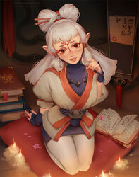  1girls art books breast breath_of_the_wild brown_eyes candle clothes curvy cute detailed detailed_background female fire flower hair_ornament hips kittew long_hair looking_at_viewer nintendo outfit paya_(the_legend_of_zelda) pointy_ears sheikah the_legend_of_zelda video_games white_hair wide_hips 