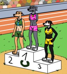  anthro arena athlete athletic_wear blush bottomwear bra canid canine canis clothing domestic_dog female greyhound group gym_bottomwear gym_shorts hunting_dog kinaj mammal medal mica_(kinaj) pants podium racing shorts sighthound sport sports_bra tail tail_motion tailwag tongue track_and_field underwear 