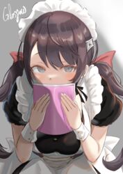  absurdres apron azur_lane breasts brown_dress brown_hair character_name covered_mouth dress female glasgow_(azur_lane) grey_background grey_eyes highres holding holding_notebook looking_at_viewer maid_apron maid_headdress medium_breasts notebook puffy_short_sleeves puffy_sleeves sankyo_(821-scoville) short_sleeves solo twintails upper_body white_apron wrist_cuffs 