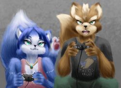  anthro blue_body blue_fur canid canine clothed clothing competition controller duo female fox fox_mccloud fully_clothed fur game_controller gaming green_eyes jewelry krystal_(star_fox) male mammal nails necklace nintendo pawpads paws star_fox teeth v_tal 