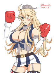  asymmetrical_legwear belt_buckle black_panties blonde_hair blue_eyes boxing_gloves breasts buckle commentary_request contrapposto dated female fingerless_gloves front-tie_top garter_straps geru gloves iowa_(kancolle) kantai_collection large_breasts miniskirt mismatched_legwear one_eye_closed panties simple_background skirt solo star-shaped_pupils star_(symbol) striped_clothes striped_skirt striped_thighhighs symbol-shaped_pupils thighhighs twitter_username underwear vertical-striped_clothes vertical-striped_skirt vertical-striped_thighhighs white_background 