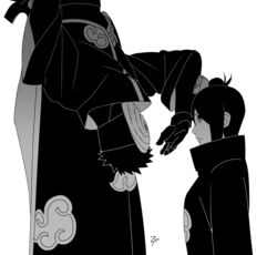  1boy akatsuki_uniform arm_up black_coat closed_mouth coat eyeshadow female flower gloves greyscale hair_flower hair_ornament high_collar highres konan_(naruto) labret_piercing looking_at_another makeup mask monochrome naruto_(series) naruto_shippuuden piercing profile short_hair standing tobi_(naruto) upside-down zifletts 