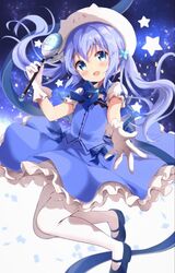  :d amedamacon blue_bow blue_eyes blue_flower blue_footwear blue_hair blue_skirt blue_vest blush bow brooch character_hat commentary_request female flower frilled_gloves frilled_skirt frills gloves gochuumon_wa_usagi_desu_ka? hair_between_eyes hair_flower hair_ornament head_tilt highres holding holding_spoon jewelry jpeg_artifacts kafuu_chino long_hair looking_at_viewer magical_girl open_mouth outstretched_arm pantyhose petticoat puffy_short_sleeves puffy_sleeves shirt shoes short_sleeves skirt smile solo spoon starry_background tippy_(gochiusa) twintails very_long_hair vest white_gloves white_headwear white_pantyhose white_shirt 