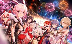  1boy 6+girls absurdres animal_ears animal_print antenna_hair architecture armpits back bad_id bad_pixiv_id bird_print black_hair blue_dress blue_eyes blue_hair breasts bronya_zaychik brown_hair captain_(honkai_impact) cherry_blossoms chibi china_dress chinese_clothes chinese_new_year city cityscape cleavage cleavage_cutout closed_eyes closed_mouth clothing_cutout dress drill_hair earrings east_asian_architecture fireworks floating flower food fox_ears fox_girl fox_tail fu_hua fu_hua_(blue_swallow) fu_hua_(valkyrie_accipiter) grey_hair grin hair_between_eyes hair_flower hair_ornament hair_over_one_eye hand_fan hat highres higokumaru holding holding_food honkai_(series) honkai_impact_3rd jacket jell_(jell_y_fish) jewelry jumping kiana_kaslana lantern liliya_olenyeva long_hair long_sleeves looking_at_viewer low-tied_long_hair low_ponytail military military_hat military_uniform mole mole_under_eye multicolored_hair multiple_girls murata_himeko murata_himeko_(vermillion_knight) night night_sky ninja official_alternate_costume open_mouth outdoors pink_hair ponytail purple_eyes purple_hair raiden_mei rita_rossweisse rita_rossweisse_(artemis) rozaliya_olenyeva seele_vollerei shanzha_(fruit) short_hair short_sleeves side_slit single_earring sky sleeveless sleeveless_dress smile streaked_hair tail tanghulu tassel tassel_earrings teeth temple theresa_apocalypse theresa_apocalypse_(valkyrie_pledge) tree twin_drills twintails uniform white_flower white_hair white_headwear white_jacket yae_kasumi yae_sakura 