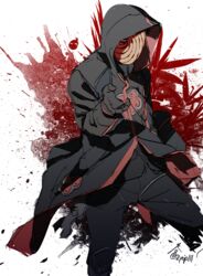  1boy akatsuki_uniform black_coat black_gloves black_hair black_pants coat commentary_request gloves hand_up highres hood hood_up male_focus mask naruto_(series) naruto_shippuuden pants sharingan solo tobi_(naruto) zifletts 