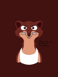  3:4 anthro brown_background brown_nose clothing disney duke_weaselton frown hi_res long-tailed_weasel looking_at_viewer male mammal mustelid musteline red_eyes scowl sharp_teeth shirt signature simple_background solo tank_top teeth text topwear true_musteline weasel yoshiknight2 zootopia 