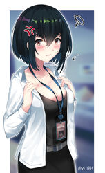  anger_vein artist_name black_hair black_shirt blurry blurry_background blush bob_cut breasts cleavage collarbone commentary_request female highres id_card indonesia indonesian_national_police jacket lanyard linzere long_sleeves looking_at_viewer open_clothes open_jacket original police police_uniform policewoman shirt short_hair silvia_dewi solo squiggle twitter_username uniform upper_body watermark white_jacket 