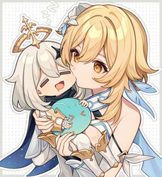  &gt;_&lt; 2girls =_= age_difference annoyed biting black_scarf blonde_hair blush bright_pupils cheek_biting chewing closed_eyes commentary_request detached_sleeves dotted_background dress drooling fingernails flower gauntlets genshin_impact grey_eyes grin hair_between_eyes hair_flower hair_ornament halo highres holding_person hug karokuchitose long_hair lumine_(genshin_impact) multiple_girls onee-loli open_mouth paimon_(genshin_impact) scarf short_hair short_hair_with_long_locks sleeping slime_(genshin_impact) smile standing star_(symbol) star_hair_ornament upper_body white_background white_dress white_flower white_hair white_pupils white_sleeves yuri zzz 