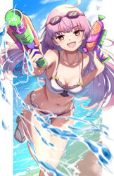  ahoge atelier_(series) atelier_lydie_&amp;_suelle beach bikini blush breasts female goggles goggles_on_head hands_up highres holding holding_water_gun leg_up long_hair looking_at_viewer navel open_mouth outdoors pink_eyes pink_hair sandals small_breasts smile solo splashing suelle_marlen swimsuit water water_gun yanu 