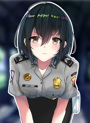  ! badge black_hair black_skirt blurry blurry_background blush bob_cut breasts character_name closed_mouth commentary_request female grey_shirt highres indonesia indonesian_national_police linzere looking_at_viewer name_tag original pale_skin patch pencil_skirt police police_badge police_uniform policewoman shirt short_hair short_sleeves silvia_dewi skirt solo uniform upper_body 