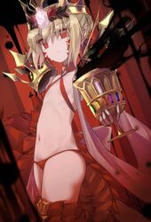  :/ armored_legwear bikini blonde_hair boots braid cowboy_shot criss-cross_halter crown dragon_tail facial_mark fate/grand_order fate_(series) female flat_chest gold_crown hair_bun halterneck highres holy_grail_(fate) looking_at_viewer navel nero_claudius_(fate) pointed_crown pointy_ears queen_draco_(fate) queen_draco_(second_ascension)_(fate) red_background red_bikini red_eyes red_theme scales solo stomach swimsuit tail thigh_boots yubeshi_(zecxl) 