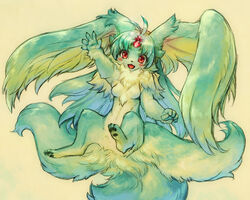  2020 4_toes 5:4 5_fingers anthro black_pawpads blush breasts featureless_breasts feet female fingers fluffy fluffy_tail fur gesture green_body green_carbuncle green_fur green_hair hair kemono looking_at_viewer mammal mythological_carbuncle mythological_creature mythology navel nude open_mouth open_smile pawpads puzzle_and_dragons red_eyes simple_background smile solo tail tatotake_mono toes tongue waving yellow_background 