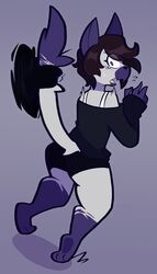  ambiguous_gender anthro ass blue_eyes bottomwear bra_straps brown_hair clothing digital_media_(artwork) dizzimitzi ears_up fur grey_body grey_fur hair hi_res plantigrade portal purple_body purple_fur raised_tail shorts solo standing surprised_expression tail tail_grab valery_funika 