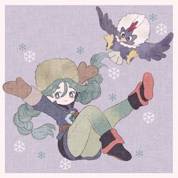  bird black_footwear black_skirt boots border braid bright_pupils brown_mittens closed_mouth commentary eyelashes female fur_hat green_eyes green_hair green_headwear green_legwear grey_jacket hat jacket leg_up long_hair looking_at_viewer mitsu_(1000y_comet) mittens pantyhose pokemon pokemon_(creature) pokemon_legends:_arceus protected_link rufflet sabi_(pokemon) skirt smile snowflakes twin_braids twintails white_border white_pupils 