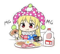  :t american_flag_dress bacon blonde_hair blush_stickers breakfast chibi closed_mouth clownpiece commentary_request cup eating egg_(food) fairy_wings female food fork fried_egg hat holding holding_cup holding_fork jester_cap jug_(bottle) long_hair mg_mg milk naegi_(naegidokoro) neck_ruff plate polka_dot purple_hat red_eyes short_sleeves simple_background solo star_(symbol) star_print table touhou upper_body white_background wings 